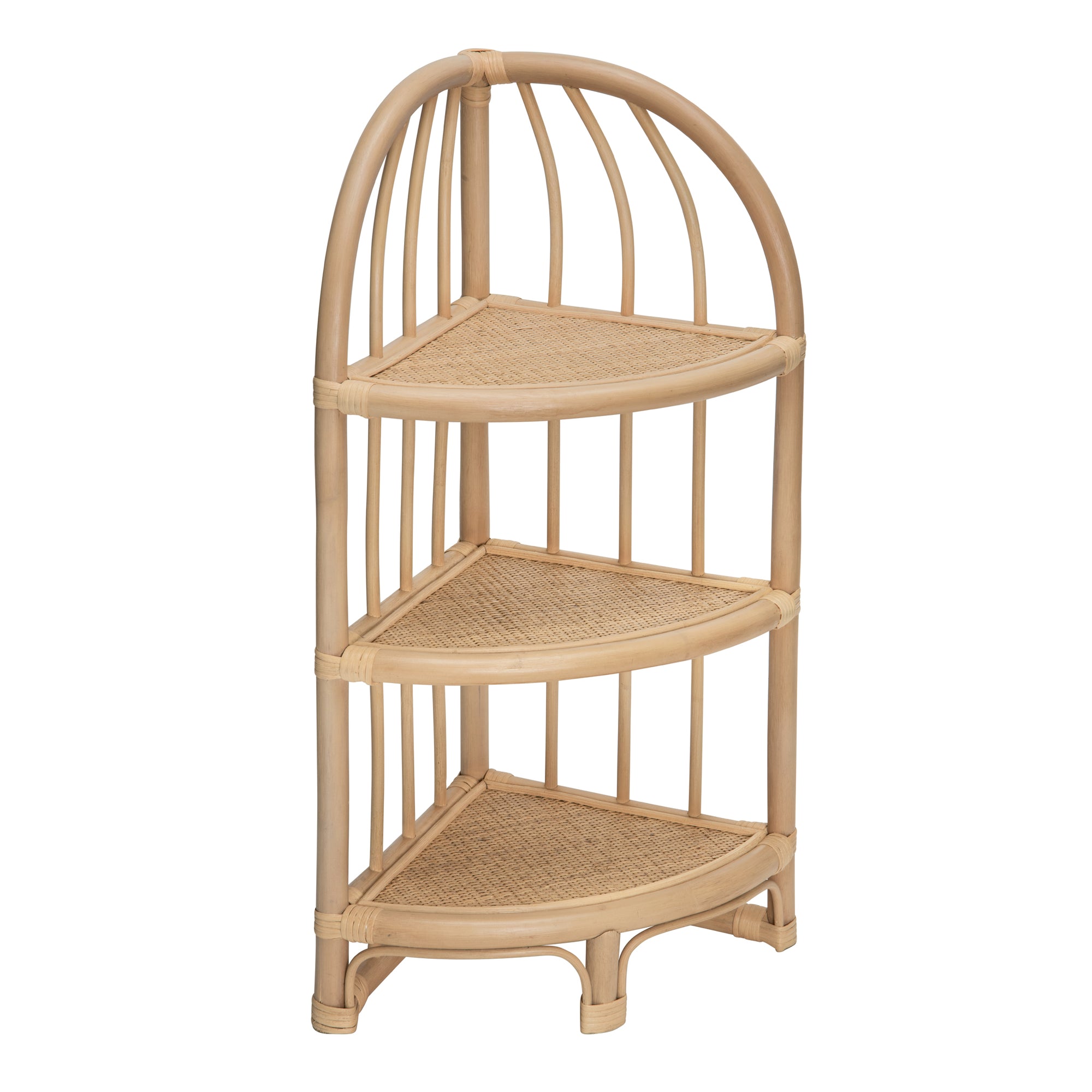 Rattan Three Tier Corner Low Shelf Unit and Stand, Natural