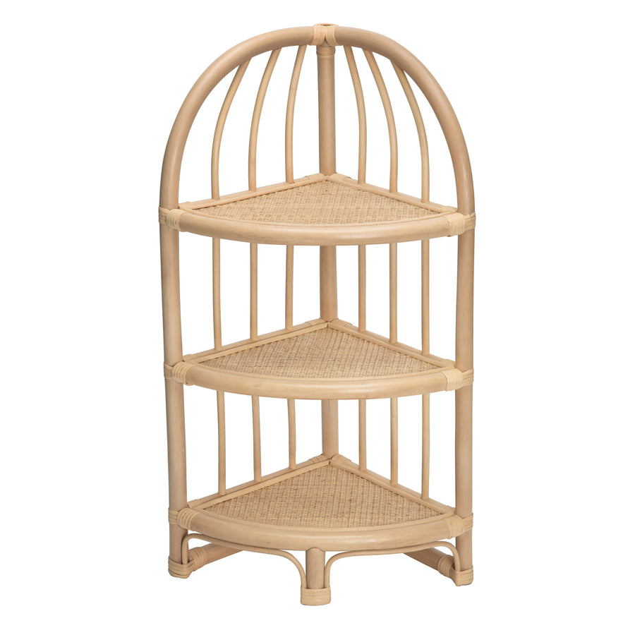 Rattan Three Tier Corner Low Shelf Unit and Stand, Natural