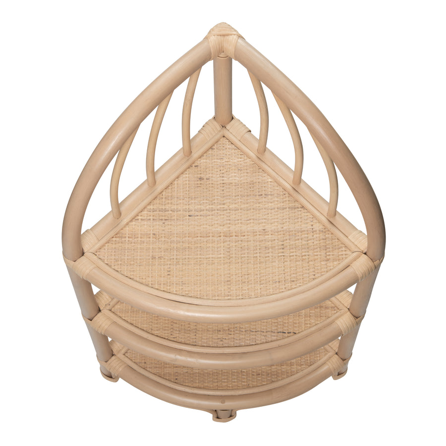 Rattan Three Tier Corner Low Shelf Unit and Stand, Natural