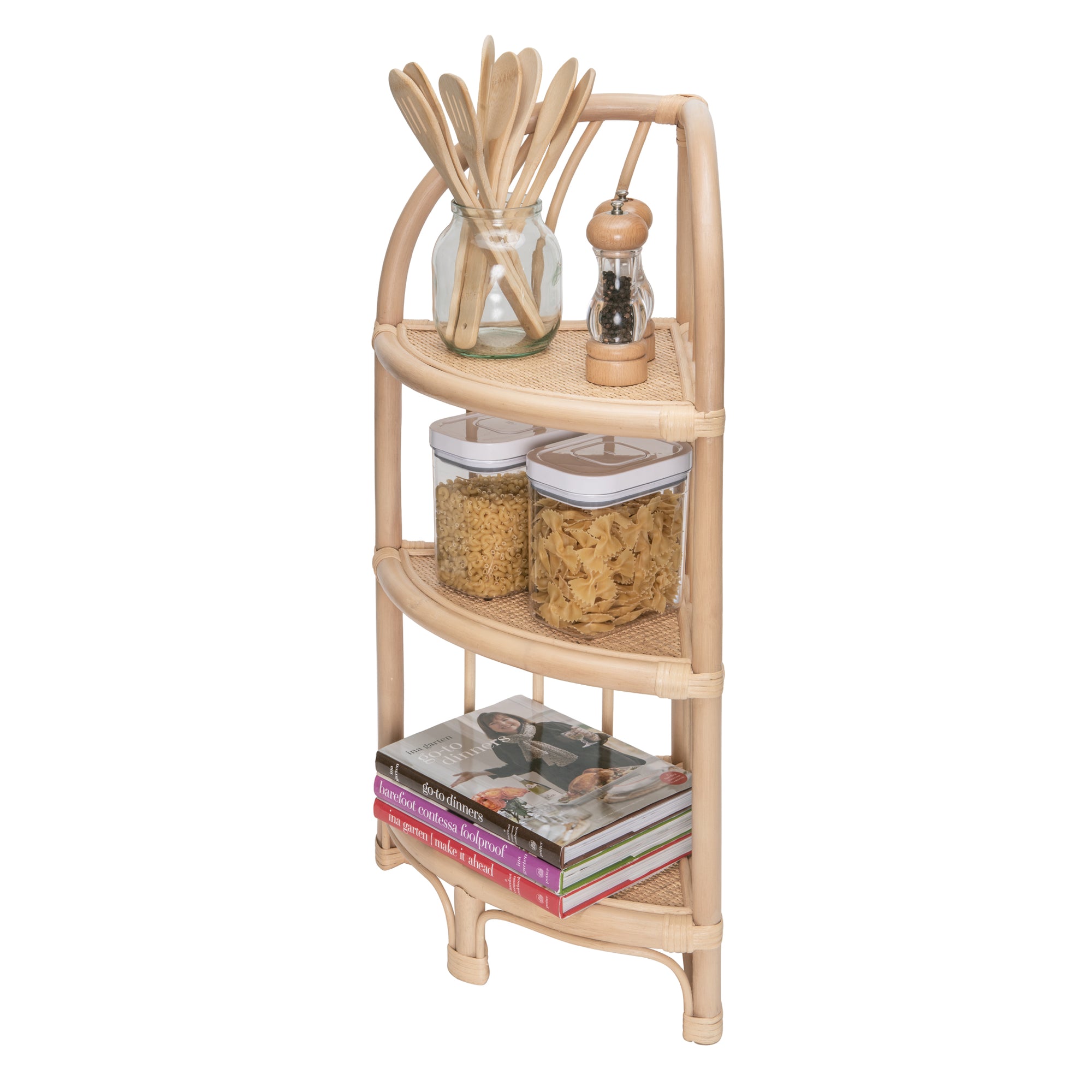Rattan Three Tier Corner Low Shelf Unit and Stand, Natural