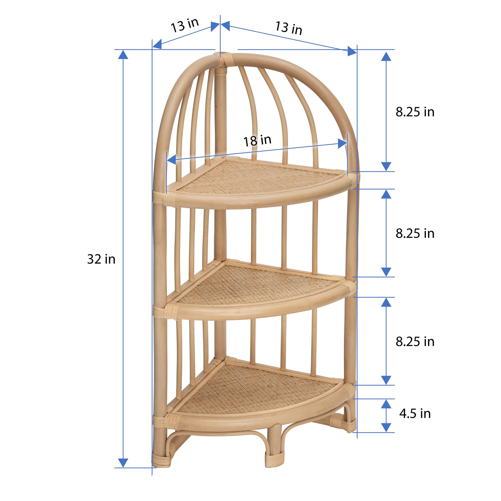 Rattan Three Tier Corner Low Shelf Unit and Stand, Natural