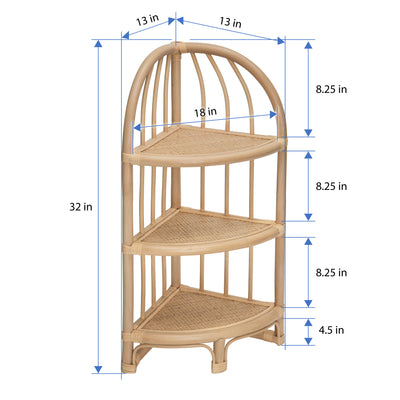 Rattan Three Tier Corner Low Shelf Unit and Stand, Natural