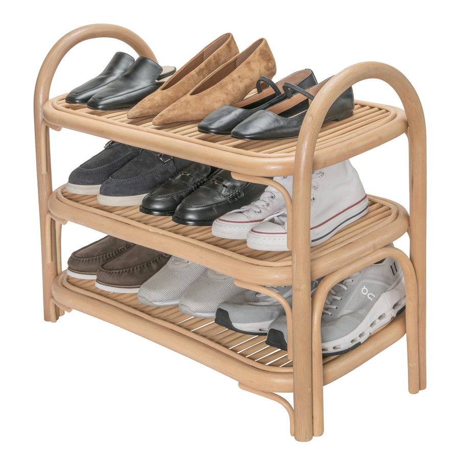 Rattan Three Tier Shoe Rack and Shelf, Natural