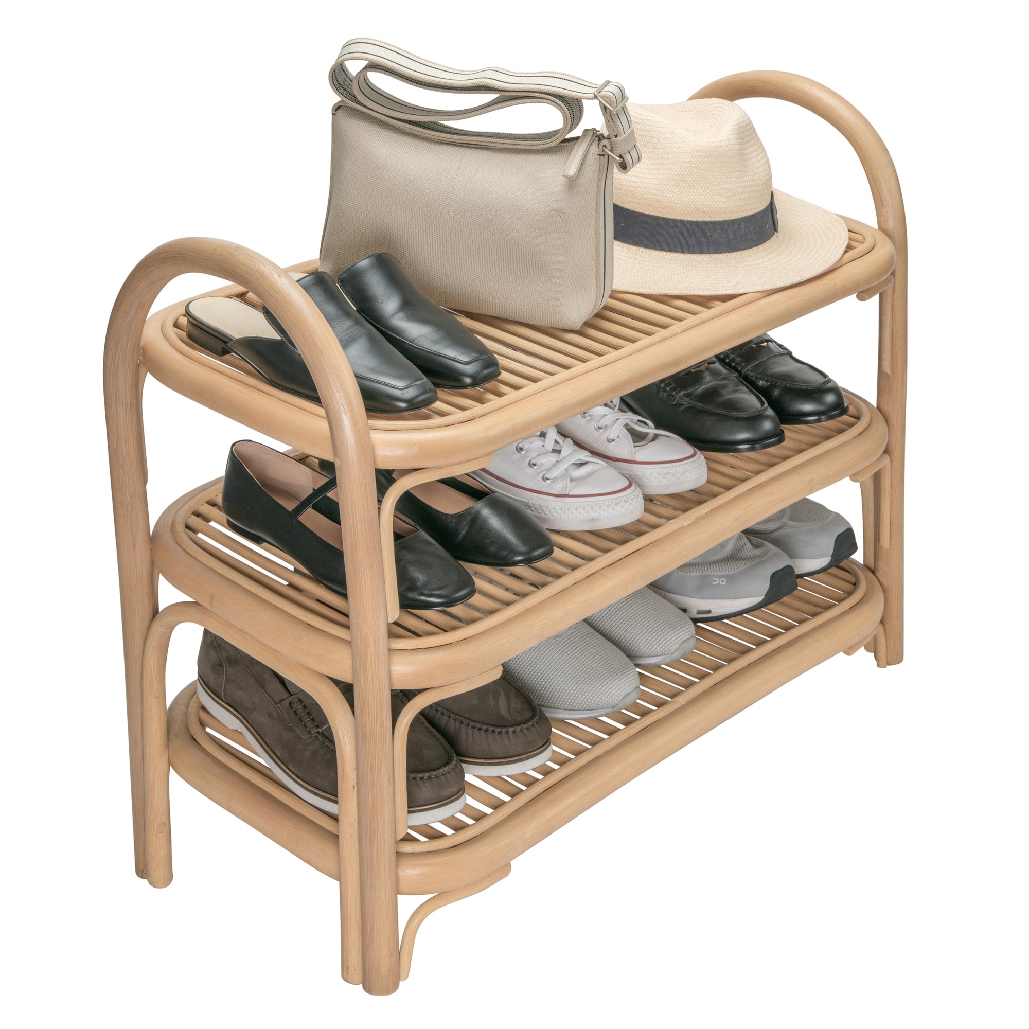Rattan Three Tier Shoe Rack and Shelf, Natural