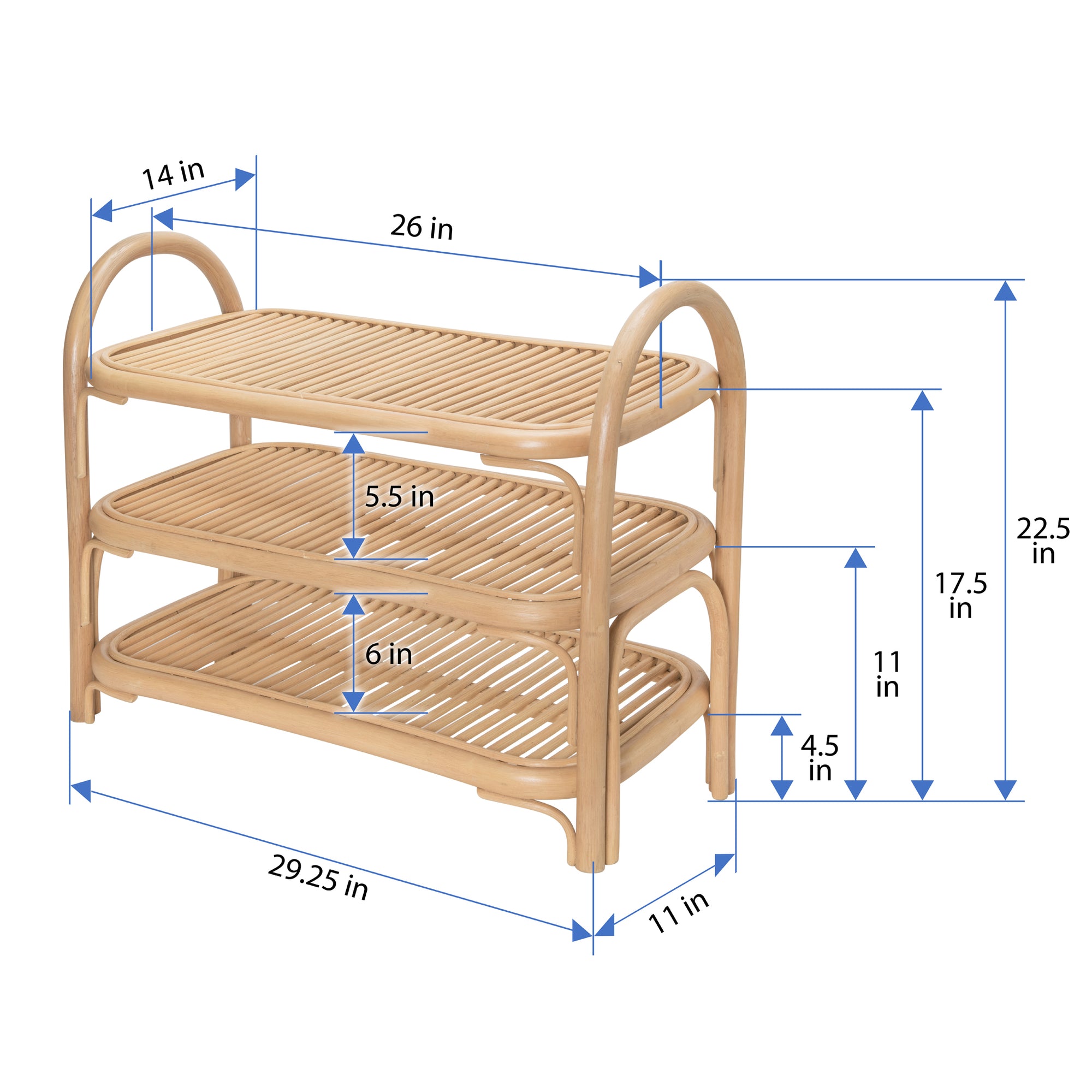 Rattan Three Tier Shoe Rack and Shelf, Natural