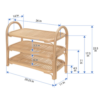 Rattan Three Tier Shoe Rack and Shelf, Natural
