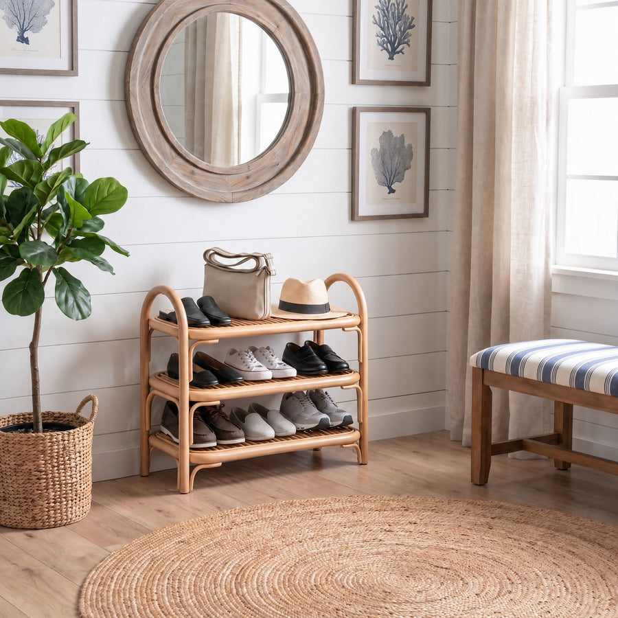 Rattan Three Tier Shoe Rack and Shelf, Natural