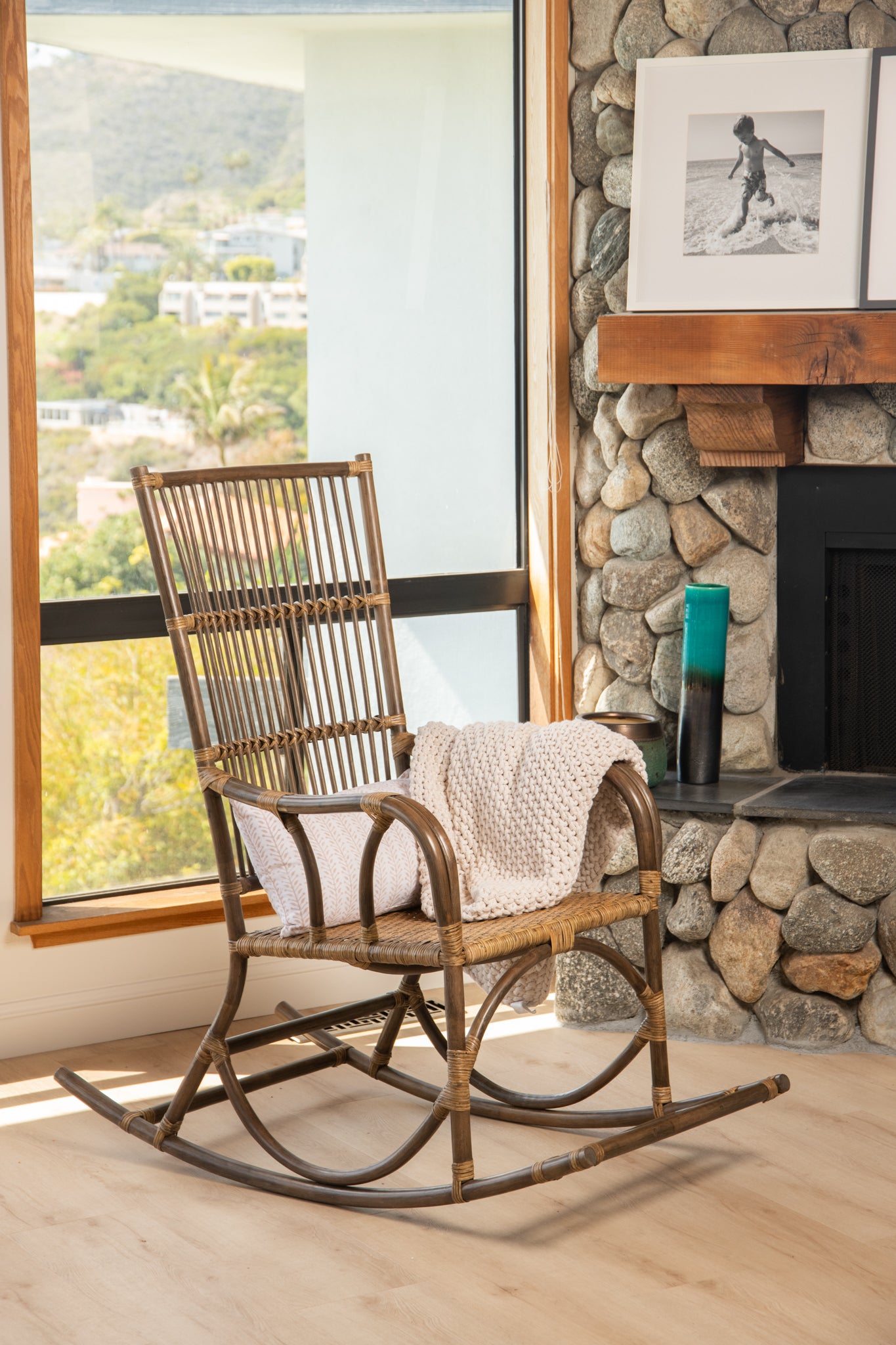 Rattan Loop Edged Classic Rocking Chair, Antique Brown