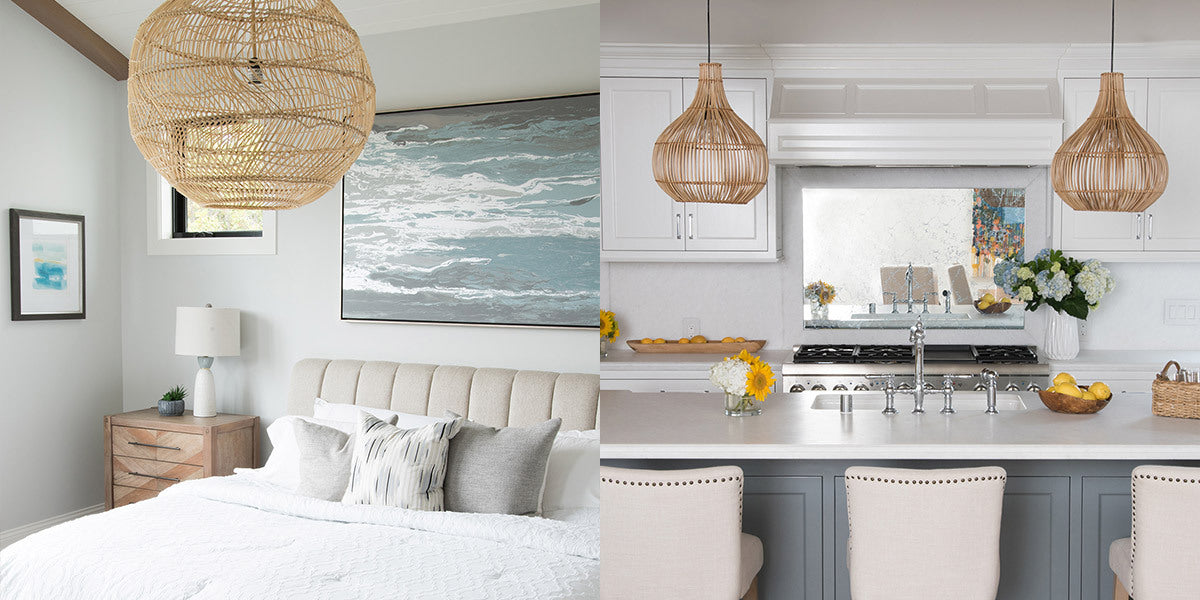 Round wicker lamp shades hanging from the ceiling in kitchen and bedroom.