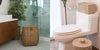 Wicker hamper in a bathroom, wicker bathroom items.