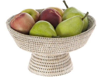 La Jolla White Pedestal Rattan Fruit Bowl With Fruits