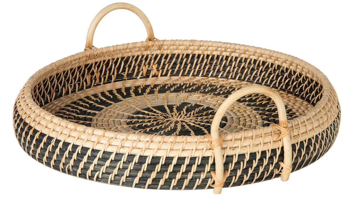 Round Rattan Serving and Breakfast Tray, Natural-Black