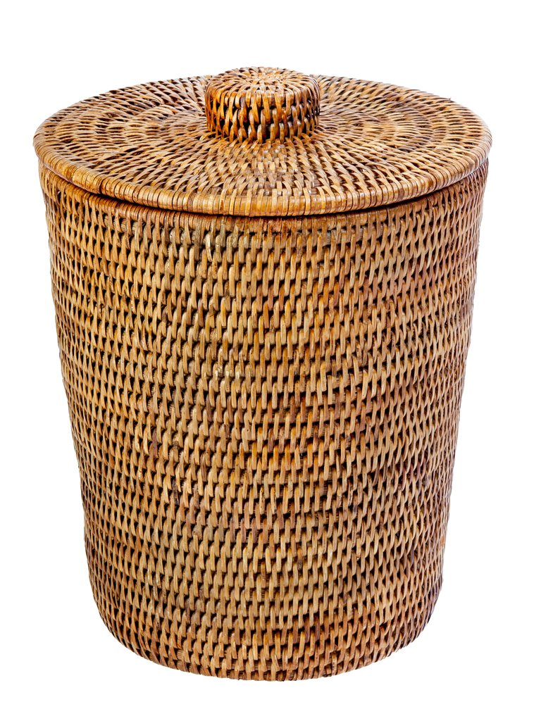 Kouboo La Jolla Rattan Round Waste Basket with Plastic Insert & Lid, Honey Brown