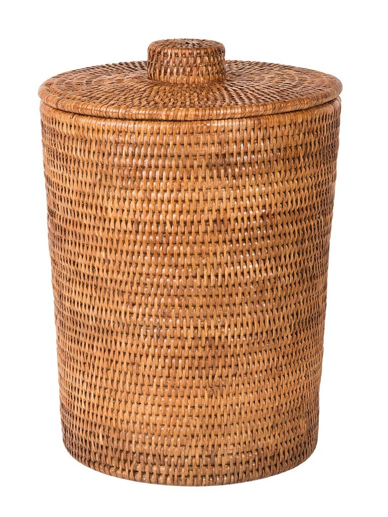 Kouboo La Jolla Rattan Round Waste Basket with Plastic Insert & Lid Honey-Brown