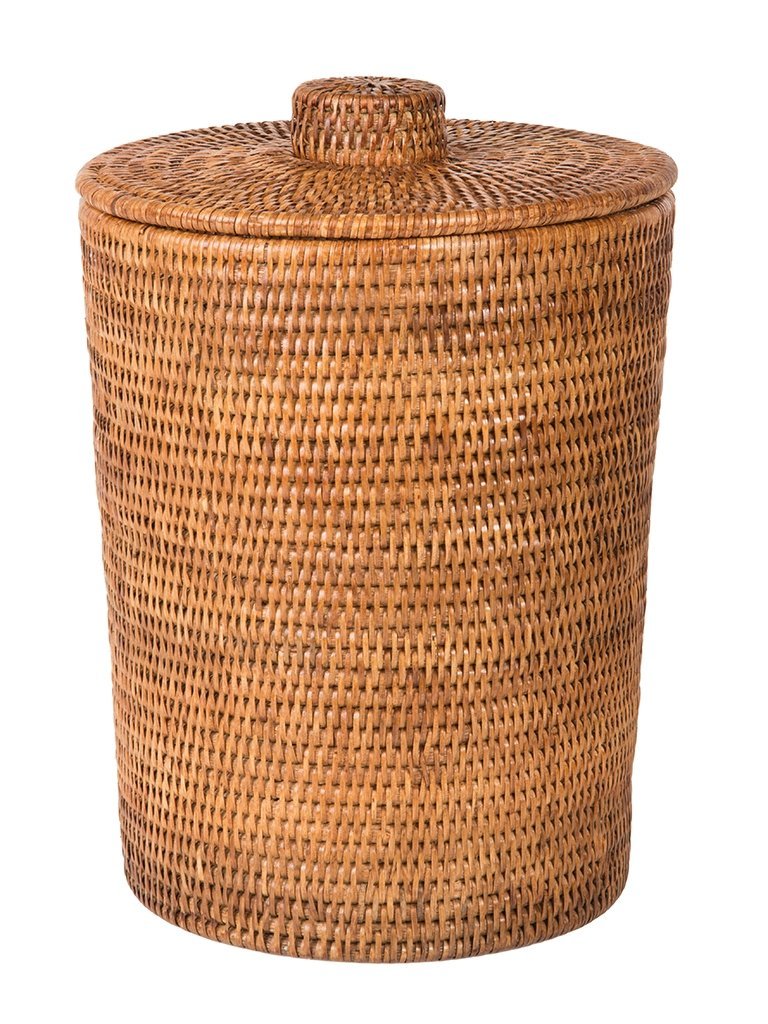 La Jolla Rattan Round Waste Basket with Plastic Insert & Lid, Large
