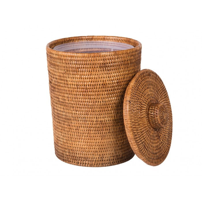 Kouboo La Jolla Rattan Round Waste Basket with Plastic Insert & Lid, Honey Brown