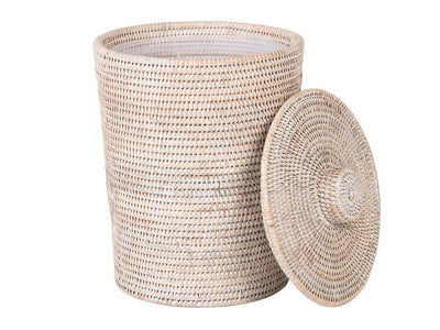 La Jolla Rattan Round Waste Basket with Plastic Insert & Lid. Small
