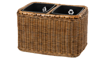 Rattan Double Waste Basket with Plastic Inserts, Antique Brown