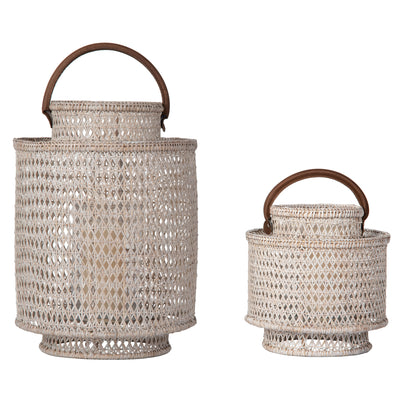 Cabo Decorative Rattan Candle Hurricane Lanterns, White-Wash