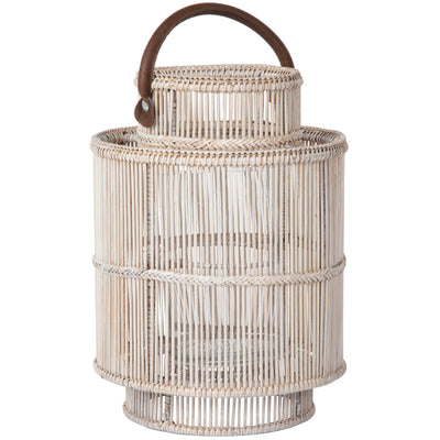 Baja Decorative Rattan Candle Hurricane Lanterns, White-Wash