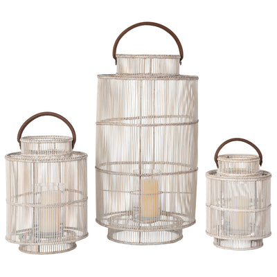 Baja Decorative Rattan Candle Hurricane Lanterns, White-Wash