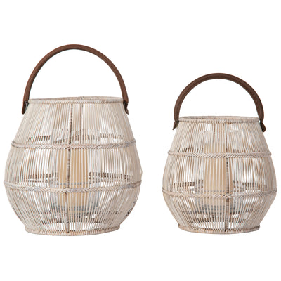 Baja Tulip Decorative Rattan Hurricane Lanterns, White-Wash