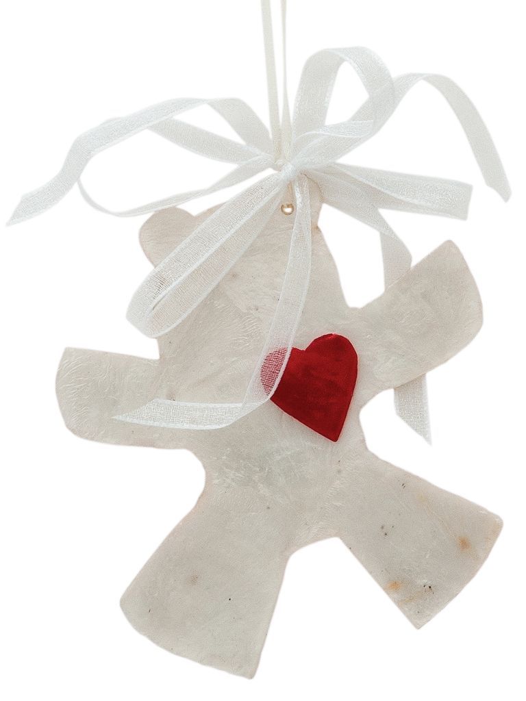 Capiz Bear with Heart Tree Ornament Small, Set of 2