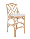Chippendale Rattan Barstool, Natural Color and Off-White Upholstery