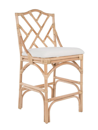 Chippendale Rattan Counter Stool, Natural and Off-White Upholstery