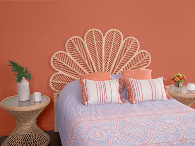 Kouboo Twin Size Natural Rattan Petal Headboard In Orange Bedroom Setting