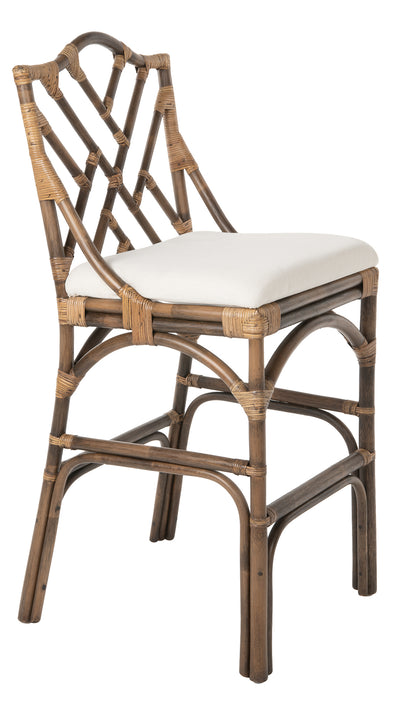 Chippendale Rattan Barstool, Antique Brown and Off-White Upholstery