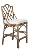 Chippendale Rattan Counter Stool, Antique Brown and Off-White Upholstery