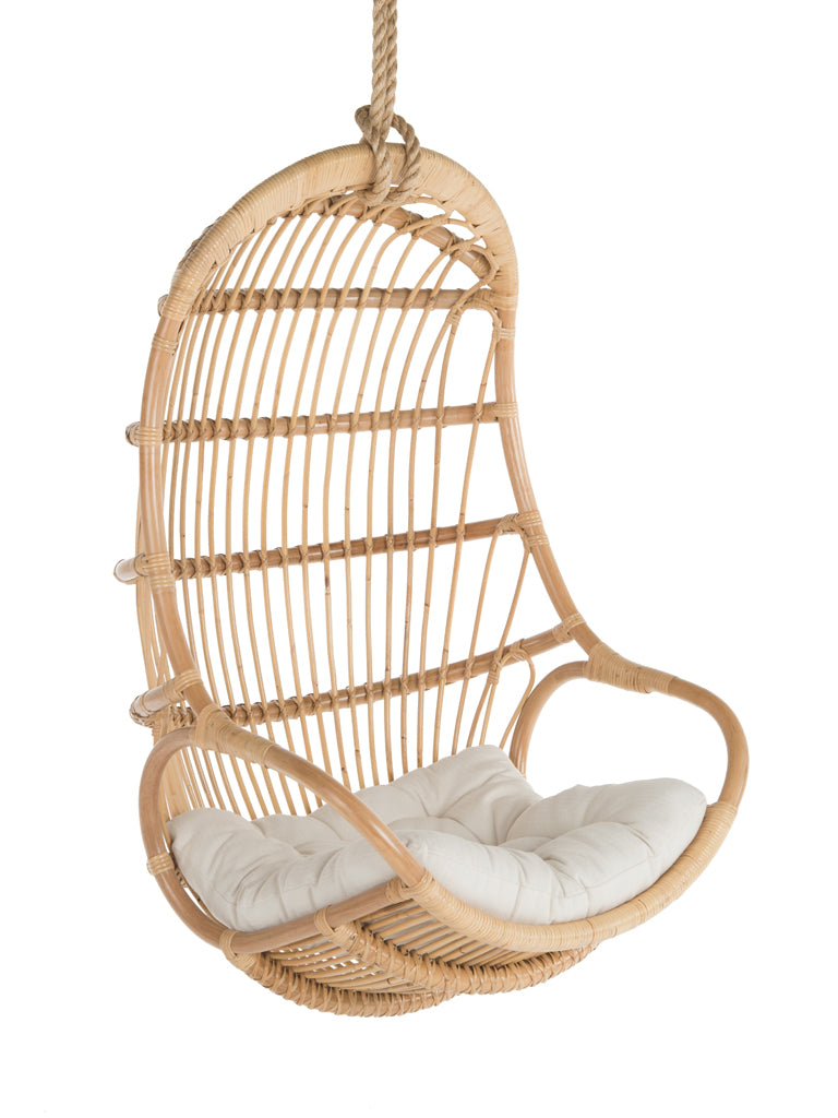 Kouboo Hanging Rattan Swing Chair With White Seat Cushion