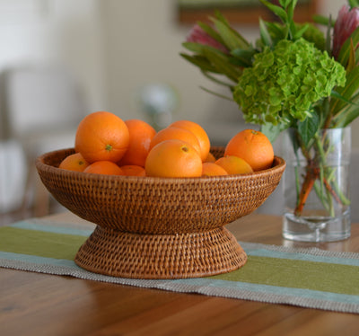 Large La Jolla Brown Rattan Pedestal Bowl Placed On A Table